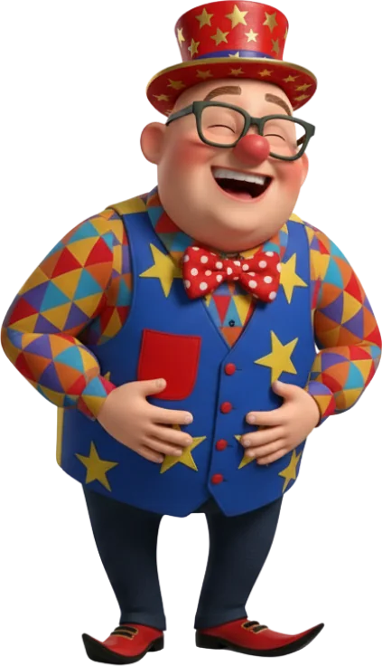 Cartoon Chunkie Russell laughing in his star waistcoat, bow tie and top hat