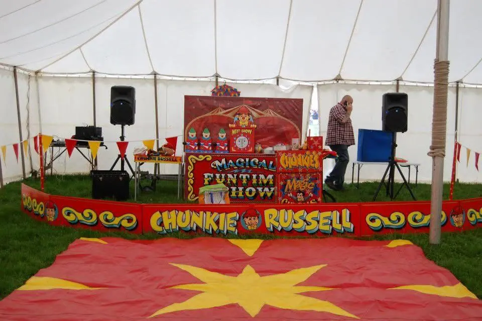 Chunkie Russell's Magical Funtime Show stage inside a marquee