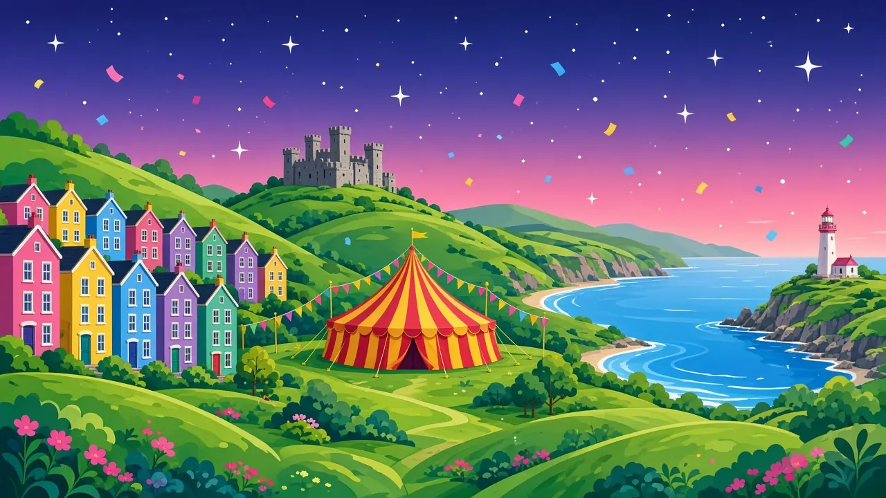 Illustration of the South Wales valleys, a castle and the coast with a circus big top in the middle