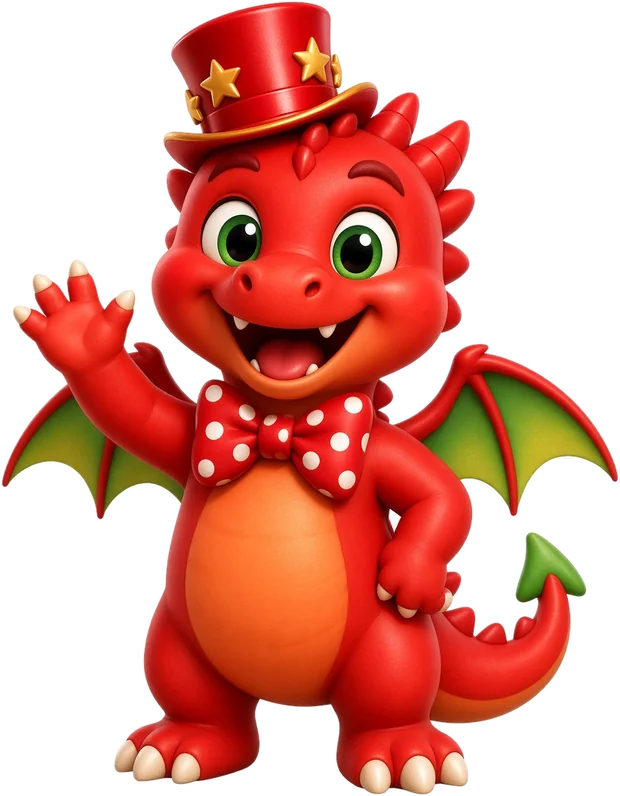 Friendly cartoon Welsh dragon in a top hat and bow tie, waving hello